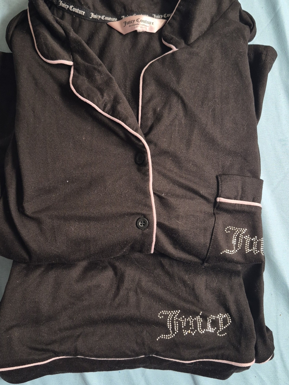 Juicy Couture Black Pajama Set with Pink Trim and Rhinestone Logo